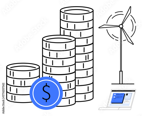 Stacked coins and dollar icon signify investment, wind turbine implies renewable energy, with a digital device signifying modern financial tools. Ideal for finance, sustainability, eco-investment