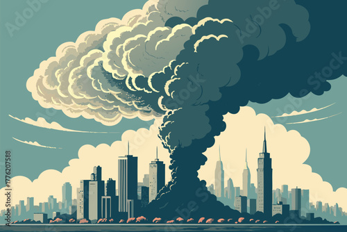 Massive emission cloud spreading above urban skyline.