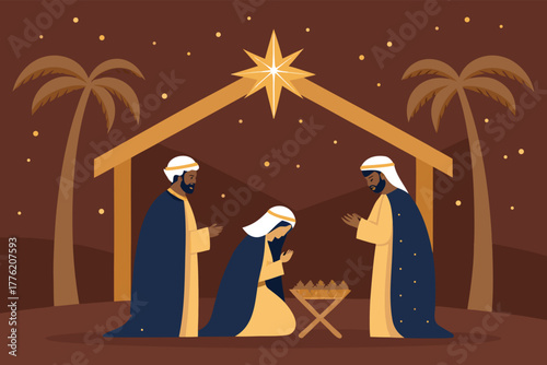 Modern, stylized, realistic flat nativity scene.