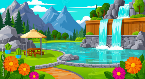 Vector illustration of a peaceful mountain park landscape with a waterfall, gazebo, and colorful flowers by a serene lake
