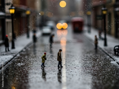 Fototapeta Naklejka Na Ścianę i Meble -  A tilt-shift style photograph of tiny figures walking on a wet, snowy urban street reflecting warm bokeh lights from lamps and vehicles.