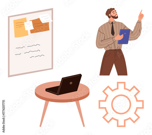 Man presenting ideas with clipboard near whiteboard and table with laptop. Gear represents settings, collaboration, productivity. Ideal for teamwork, planning, workflow, decision-making