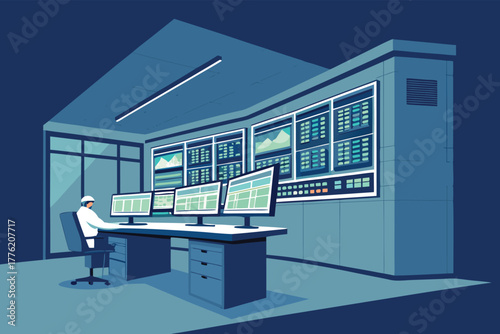 Futuristic hospital operations control center, advanced medical command, high-tech monitoring screens, real-time patient data visualization, sterile, clinical, cutting-edge technology.