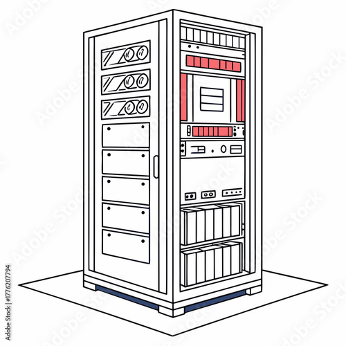A detailed line drawing illustration of a tall server rack cabinet filled with electronic components and storage devices