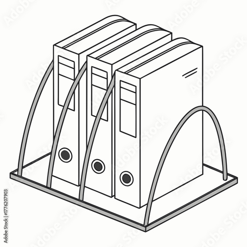 Clean line art illustration of three white ring binders standing upright in a metal desk organizer tray