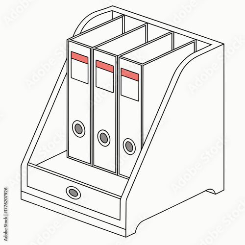 Clean line art illustration of a white desk organizer with three binders and a small drawer
