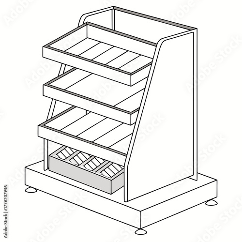 Clean line art illustration of a multi tiered display stand with angled shelves and a divided lower compartment for retail or market use