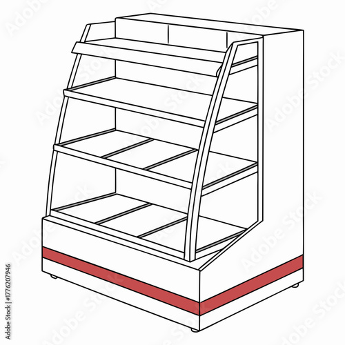 Clean line art illustration of a multi shelf refrigerated display case with a red accent band