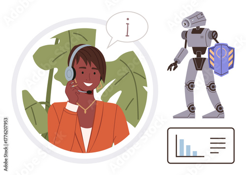 Customer service professional wearing a headset interacts through speech bubble, AI robot with shield symbolizes cybersecurity, analytics chart suggests data communication. Ideal for teamwork