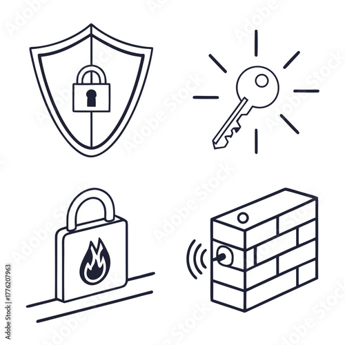 Collection of security related icons including a shield with a lock a glowing key a padlock with a flame and a brick firewall with wireless signals