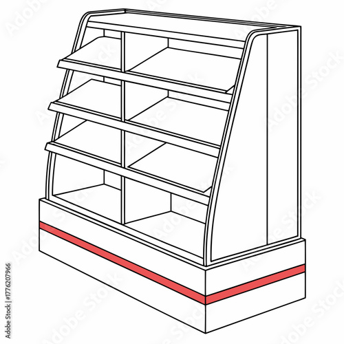 Empty retail display case with multiple shelves and a red accent band on the base isolated on white background