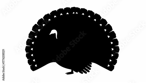 Silhouette of a turkey with its tail feathers fanned out in a display against a white background view