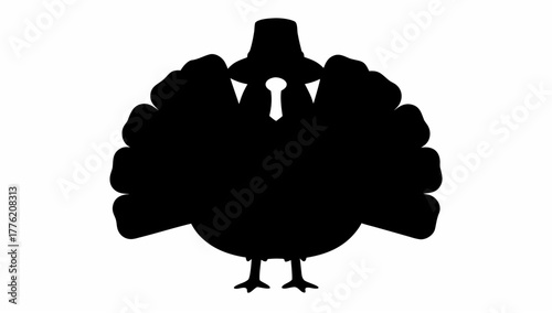 Silhouette of a turkey wearing a pilgrim hat with detailed feathers and feet standing straight up front
