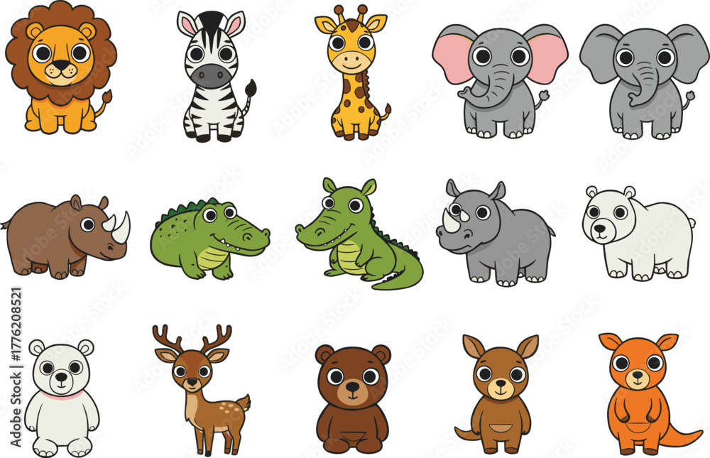 Naklejka premium Cartoon wild animal set, cute jungle characters, kids illustration, zoo wildlife clipart, lion zebra giraffe elephant bear kangaroo