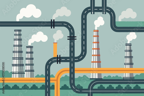 Flat illustration of a pipeline network with small emission leaks.
