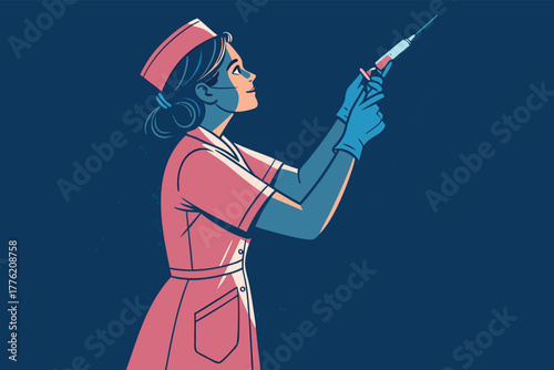 Nurse meticulously prepares glowing liquid syringe, close-up, medical, advanced, sterile, futuristic.