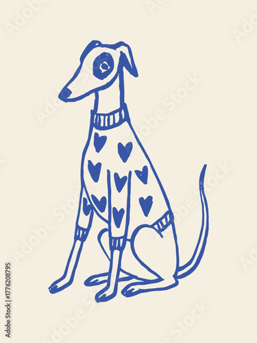 Greyhound in sweater with hearts, naive sketch vector illustration
