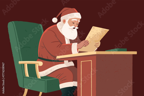 Santa Claus reading Christmas wish list letters at his desk.