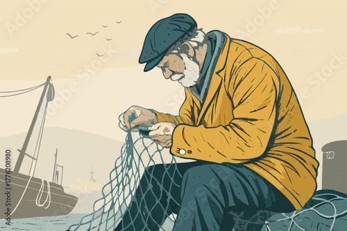 -old-fisherman-repairing-net-at-harbor--flat-reali.eps