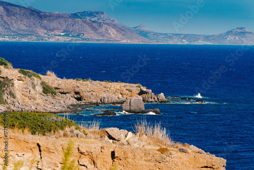 Impressive steep coastline at Achlia on South Crete with dramatic cliffs and rugged shoreline