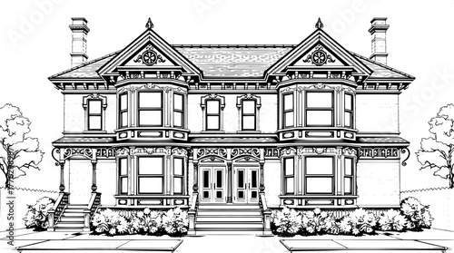 Victorian Twin House — A detailed black and white line art depiction of a symmetrical Victorian duplex with ornate gables, twin chimneys, and mirrored bay windows; the high-contrast lighting emphasize