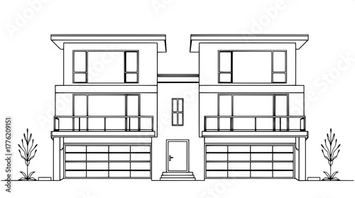 Modern Duplex Facade — A symmetrical, black and white line art illustration of a modern two-family dwelling with flat roofs, large rectangular windows, and mirrored balconies; minimalist and geometric