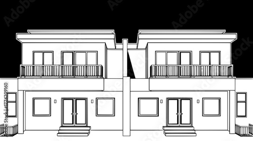 Modern Duplex Facade — A symmetrical, black and white line art illustration of a modern two-family dwelling with flat roofs, large rectangular windows, and mirrored balconies; minimalist and geometric