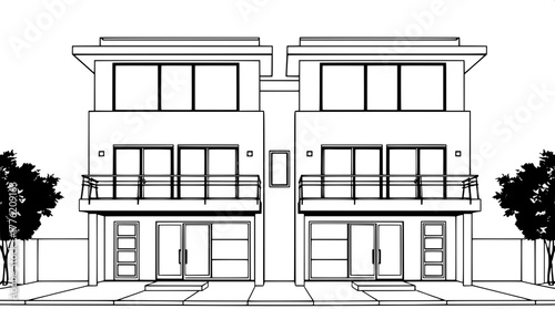 Modern Duplex Facade — A symmetrical, black and white line art illustration of a modern two-family dwelling with flat roofs, large rectangular windows, and mirrored balconies; minimalist and geometric