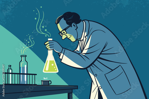 Scientist examining luminous fluid in a test tube.