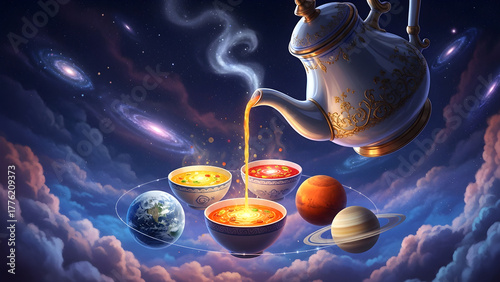Cosmic Teapot Pouring Planet Soup – 4K Food Illustration Background
