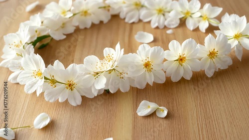 Elegant cherry blossom wreath on wooden surface with gently falling petals