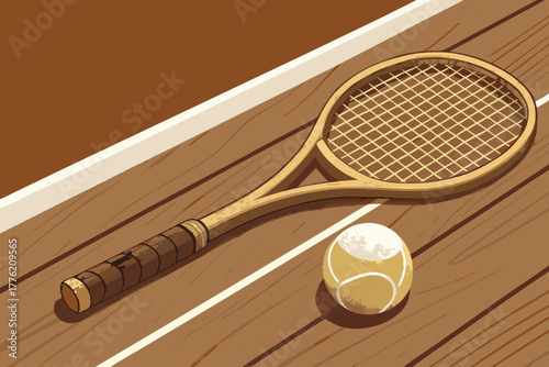 -old-wooden-tennis-racket-and-vintage-ball-on-wood.eps