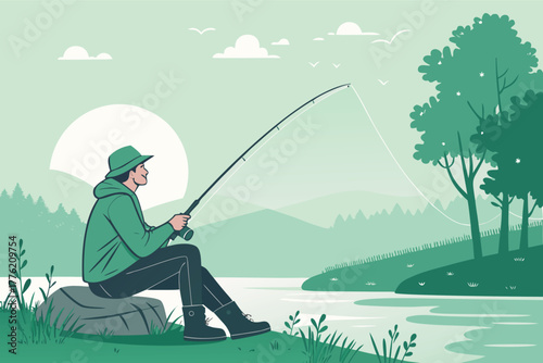Tranquil man fishing at calm riverbank, dappled sunlight through lush trees, serene atmosphere, idyllic nature scene.