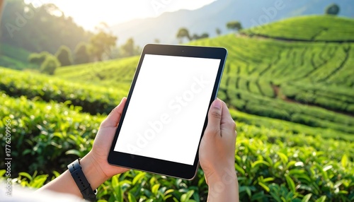 A person holding a blank digital tablet with a tea plantation landscape in the background