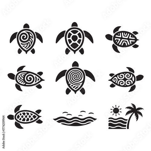 Nine Polynesian Sea Turtle Silhouettes in Symmetrical Grid with Intricate Ocean-Inspired Patterns.
