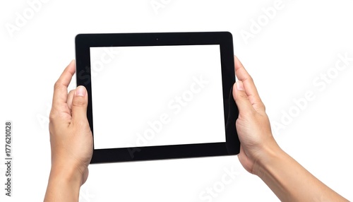 A person holds a black tablet with a blank white screen against a white background