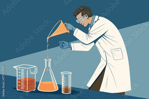 Scientist filtering liquid through funnel into beaker.