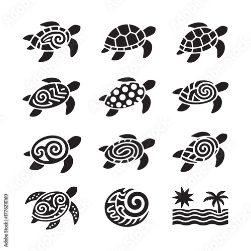 Nine Polynesian Sea Turtle Silhouettes in Symmetrical Grid with Intricate Ocean-Inspired Patterns.