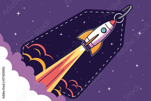 A vibrant price tag rocket, symbolizing explosive growth and economic ascent, launching into a bright, optimistic sky.