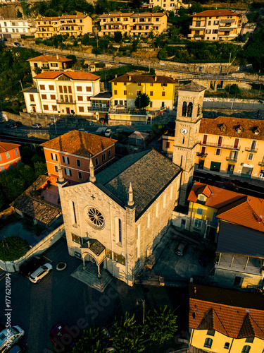 Obraz na plátne Aerial view of Argegno village on the shore of Lake Como at sunrise, Lombardy, I