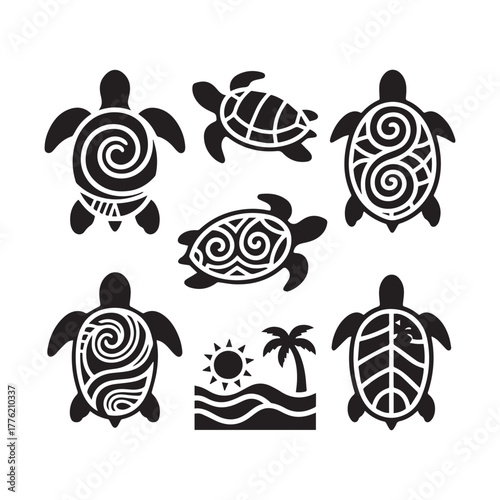 Nine Polynesian Sea Turtle Silhouettes in Symmetrical Grid with Intricate Ocean-Inspired Patterns.