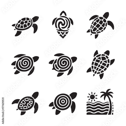 Nine Polynesian Sea Turtle Silhouettes in Symmetrical Grid with Intricate Ocean-Inspired Patterns.