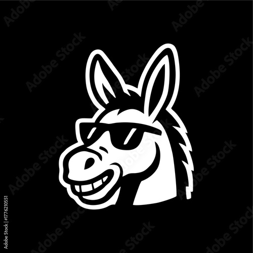 Donkey wearing sunglasess, cartoon illustration, logo, silhouette