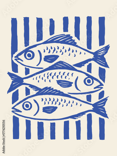 Three fish with stripes, naive hand-drawn sketch vector illustration