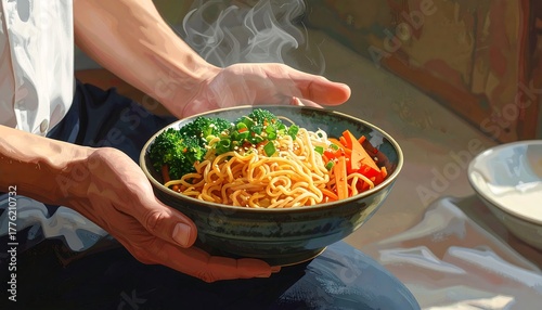 A person holds a steaming bowl of noodles with vegetables. Sunlight casts warm light