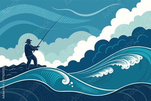 A powerful sea fishing scene unfolds with colossal deep ocean waves crashing under a dramatic, cloud-filled sky.