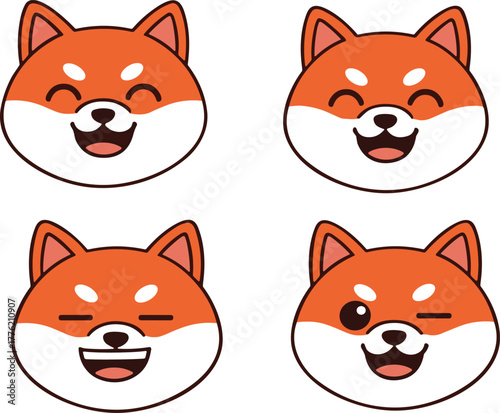 Cute cartoon Shiba Inu dog faces, emoji expressions, kawaii animal illustration, happy playful character set, pet clipart, vector icon