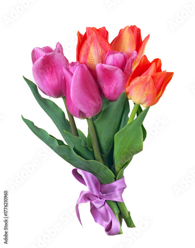 bright colorful bouquet of tulips isolated on transparent background