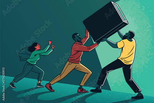 Frantic shoppers grapple for a colossal television box amidst chaos in a crowded electronics store, commercial frenzy, consumerism, desperation.