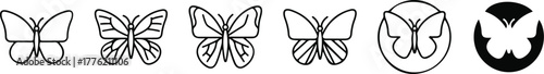 Minimal butterfly icon set in black and white outline style. Collection of elegant butterfly vector designs perfect for logos, nature themes, beauty, or eco-friendly branding.